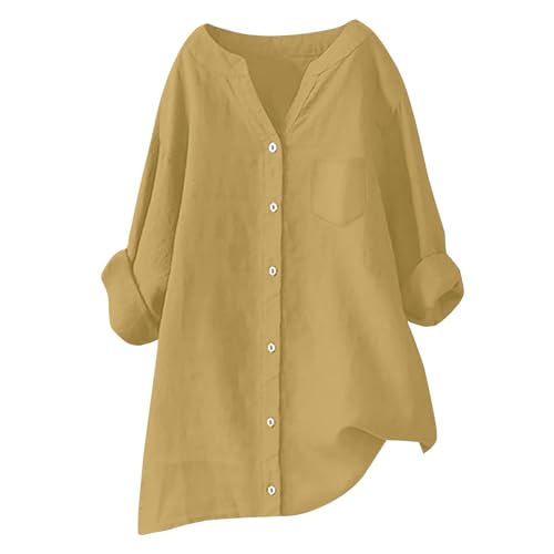 Generisch musselin Bluse Damen Blusen & Tuniken Für leinenbluse Sommer leinenhemd große größen Button-Down Übergröße Hemd V-Ausschnitt Langarm Elegant Atmungsaktive Freizeithemd Mit Brusttaschen von Generisch