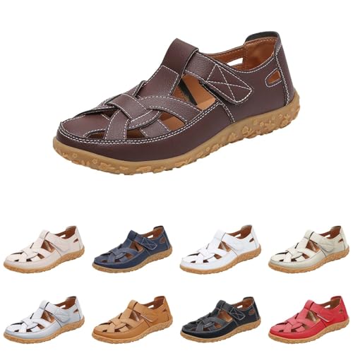 orthopädische pantoletten damen Flache Sandalen für Damen Vorne Geschlossen Orthopädische Sommerschuhe Leichte mit Weiche Fussbett Cut-Out-Sandalen Breite Füße schnürsandalen Kaffee 37 von Generisch