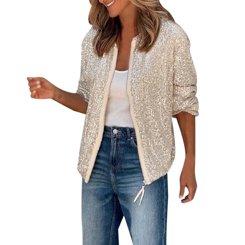 pailletten damen, Pailletten Jacke Damen Langarm Festlich Bikerjacke Pailletten Jacke Reißverschluss Party Club Bomberjacke Outwear Leichte Casual Glitzer Jacke Kurz Elegant College Jacke von Generisch