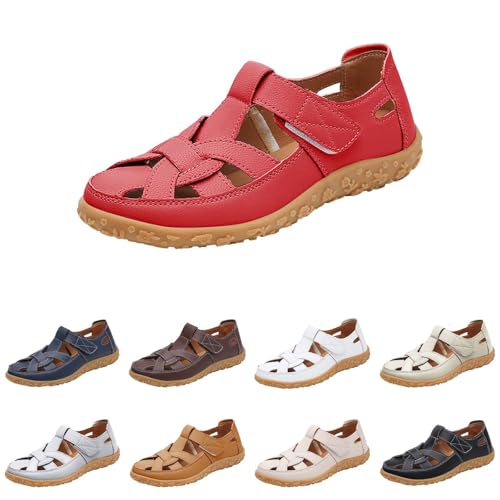 pantoletten weite h damen Flache Sandalen für Damen Vorne Geschlossen Orthopädische Sommerschuhe Leichte mit Weiche Fussbett Cut-Out-Sandalen Breite Füße schuhe zum reinschlüpfen Rot 37 von Generisch