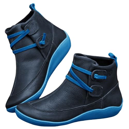 plateau sneaker damen Damen Stiefeletten Leder Flache SchnüRstiefel Aus Wasserdichtem Stiefel Bequem Rutschfeste Orthopädische Schuhe Leicht Slip On Breite Gartenschuhe Regenschuhe Blau 34 von Generisch