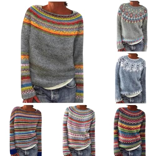 Strickpullover Damen Oversize - Norweger Pullover Winter Elegant Rundhals Sweatshirt Casual Winterpullover Mit Aufdruck Gestrickter Pullover Warme Bequem Langarm Mode Autumn Oberteile von Generisch