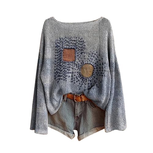 pullover damen baumwolle bunt,Boho Vintage Rundhals Strickpullover Damen Herbst Winter Casual Langarmshirt Floral Print Bequem Oberteil Bluse trendiger Übergröße Strickwaren Pullover für Frauen von Generisch