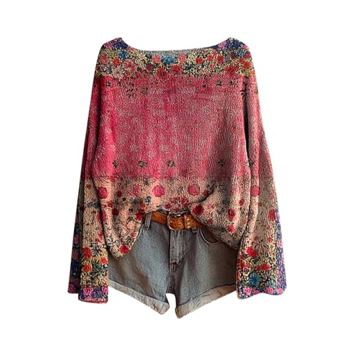 pullover damen elegant baumwolle,Boho Vintage Rundhals Strickpullover Damen Herbst Winter Casual Langarmshirt Floral Print Bequem Oberteil Bluse trendiger Übergröße Strickwaren Pullover für Frauen von Generisch