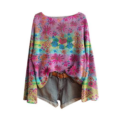 pullover damen elegant langarm,Boho Vintage Rundhals Strickpullover Damen Herbst Winter Casual Langarmshirt Floral Print Bequem Oberteil Bluse trendiger Übergröße Strickwaren Pullover für Frauen von Generisch
