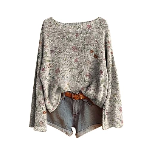 pullover damen lang winter,Boho Vintage Rundhals Strickpullover Damen Herbst Winter Casual Langarmshirt Floral Print Bequem Oberteil Bluse trendiger Übergröße Strickwaren Pullover für Frauen von Generisch