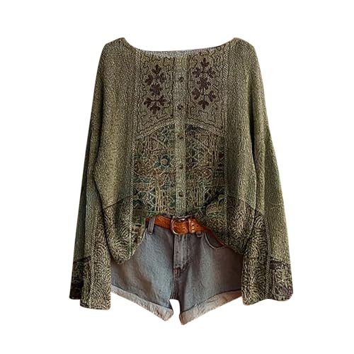 pullover damen lang winter,Boho Vintage Rundhals Strickpullover Damen Herbst Winter Casual Langarmshirt Floral Print Bequem Oberteil Bluse trendiger Übergröße Strickwaren Pullover für Frauen von Generisch