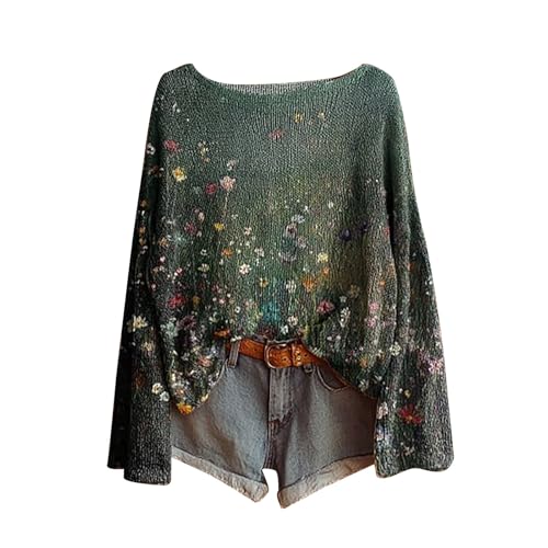 pullover damen schwarz Rundhals,Boho Vintage Rundhals Strickpullover Damen Herbst Winter Casual Langarmshirt Floral Print Bequem Oberteil Bluse trendiger Übergröße Strickwaren Pullover für Frauen von Generisch