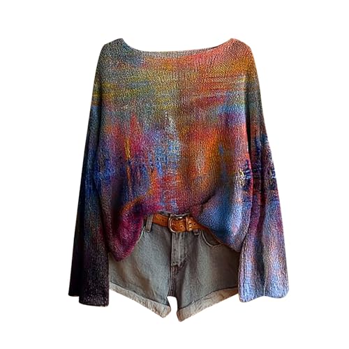 pullover damen sommer Rundhals,Boho Vintage Rundhals Strickpullover Damen Herbst Winter Casual Langarmshirt Floral Print Bequem Oberteil Bluse trendiger Übergröße Strickwaren Pullover für Frauen von Generisch