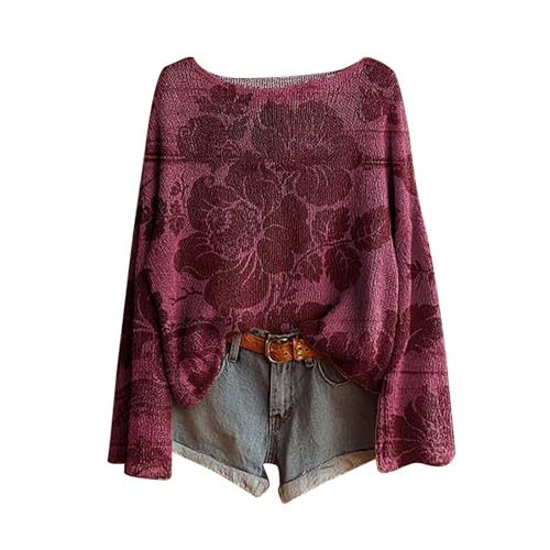 pullover damen winter elegant,Boho Vintage Rundhals Strickpullover Damen Herbst Winter Casual Langarmshirt Floral Print Bequem Oberteil Bluse trendiger Übergröße Strickwaren Pullover für Frauen von Generisch