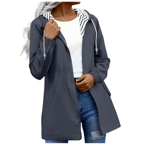 regenjacke fahrrad damen，Übergangsjacke Damen Lang Wasserdicht Kapuze Jacken Leicht Gestreift Packbar Regenmantel Wanderjacke Atmungsaktive Reisen Sport Windbreaker Große Größe Mit Tasche von Generisch