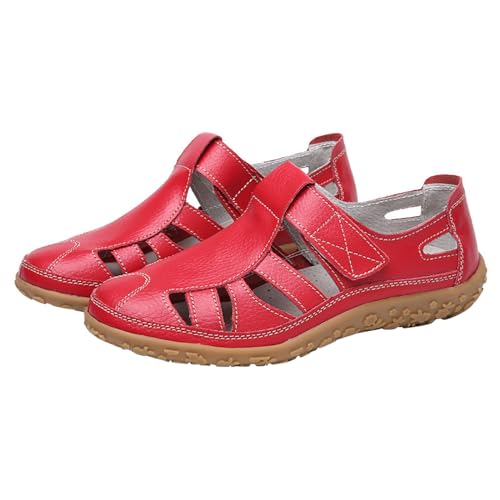 sandalen damen mit fussbett Sandalen Damen Breite Füße Weichen Sohlen Sandaletten Bequeme Flache Orthopädische-Sandalen Vorne Geschlossen Sommerschuhe die discounter trailer Rot 38 von Generisch