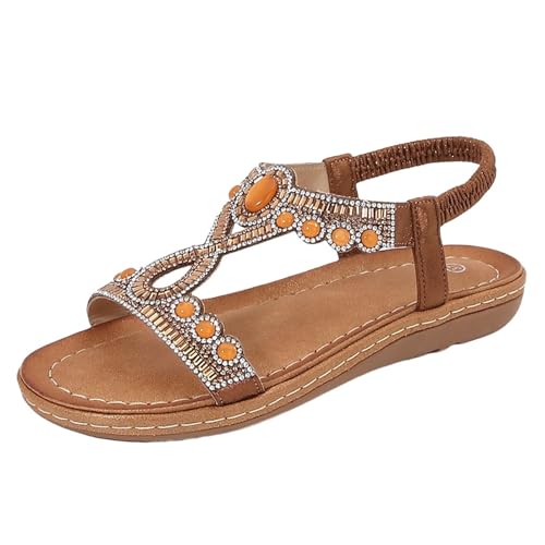 sandalen damen sommer elegant flach Sandalen Damen Slingback Orthopädische Sommerschuhe Sommer Boho Style Flache Weichen Sohlen Mit Fussbett Atmungsaktive Peep Toe Hallux Valgus Braun 42 von Generisch