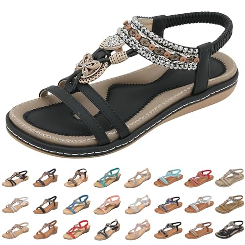 sandaletten damen flach Sandalen Damen Slingback Orthopädische Sommerschuhe Sommer Boho Style Flache Weichen Sohlen Mit Fussbett Atmungsaktive Peep Toe Sandaletten Hallux Valgus Schwarz 38 von Generisch