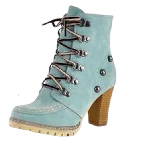 schnürstiefel damen Stiefeletten Damen mit Absatz Reißverschluss Halbstiefel Mode Rutschfest Schlupfschuhe Bequeme Schnürsenkel Outdoorschuhe Herbst Winter Niederung Stiefel Damenstiefel Blau 40 von Generisch