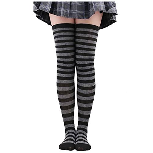 -socken Hohe Lange Strümpfe Überkniestrümpfe Weihnachten Cosplay Party Kostüme Socken Kniehohe Lange Gestreifte Strumpfsocken 1 Paar Strümpfe Blau Gestreift (Grey, One Size) von Generisch