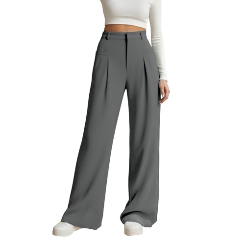 stoffhose damen sommer 3/4 große größen lang weiss, Schwarze Lange Weite Anzughose Damen Elegant - High Waist Lässig Freizeithose Culotte Bund Mit Taschen Business Palazzo Stoffhose GrBu XXL von Generisch