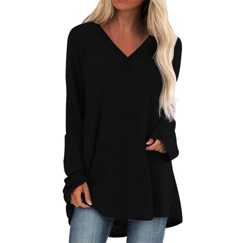 Generisch Damen Langarm Oversize Basic Langarmshirt Pullover Tunika Rundhalsausschnitt V-Ausschnitt Oberteil Lässige Einfarbig Tops Frühjahr Sommer Baumwolle Blusen von Generisch
