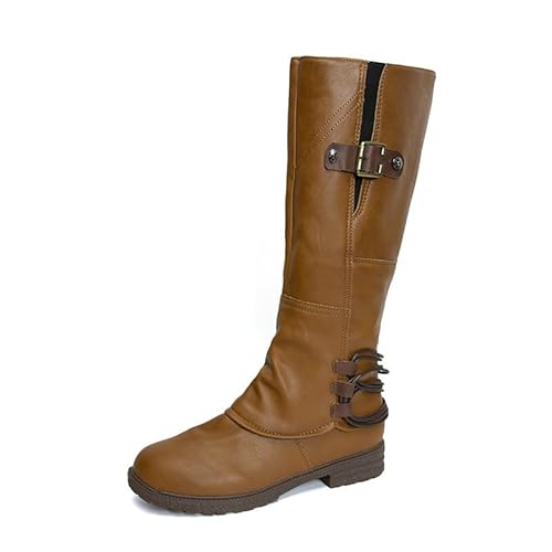 wasserdichte Fashion Heel Side Zipper Boots High Color Boots Damenstiefel Stiefeletten Damen 41 Flach (Khaki, 38) von Generisch