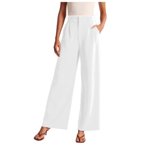 weite hose damen sommer 7/8 leinen kurz curvy viskose, Schwarze Lange Weite Anzughose Damen Elegant - High Waist Lässig Freizeithose Culotte Bund Mit Taschen Business Palazzo Stoffhose Weiss XL von Generisch