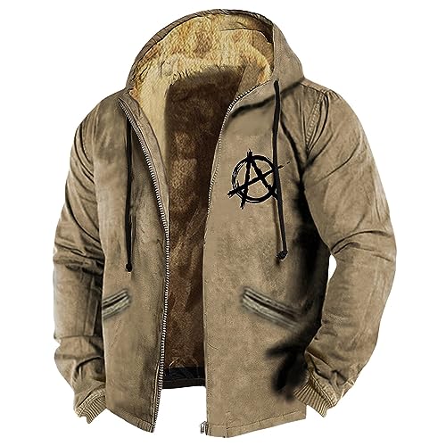 winterjacke herren, Full Zip and Pockets, Hoodie with Fleece Inside, pelzkragen für kapuze, wintermantel herren kurz, jacket men, kapuzenpulli herren, winterjacke herren wasserdicht warm, Khaki， XL von Generisch