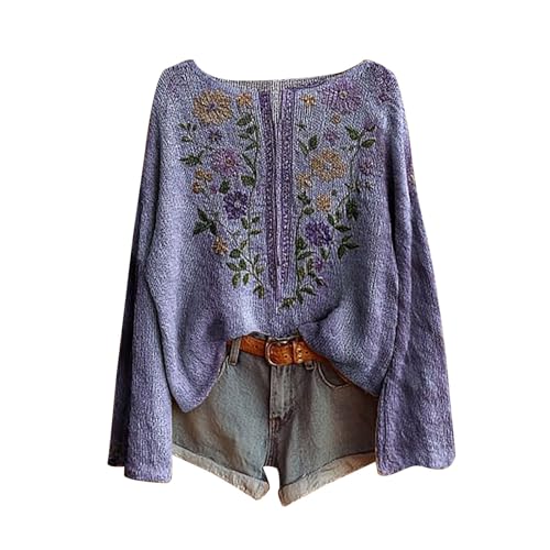 winterpullover damen warm elegant,Boho Vintage Rundhals Strickpullover Damen Herbst Winter Casual Langarmshirt Floral Print Bequem Oberteil Bluse trendiger Übergröße Strickwaren Pullover für Frauen von Generisch