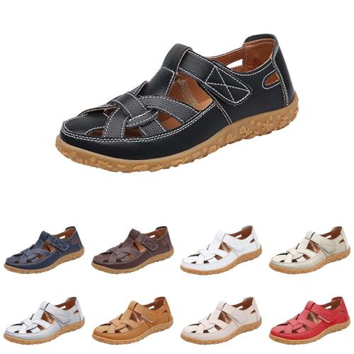 women's sandals & slides Flache Sandalen für Damen Vorne Geschlossen Orthopädische Sommerschuhe Leichte mit Weiche Fussbett Cut-Out-Sandalen Breite Füße damen pantoletten Schwarz 39 von Generisch