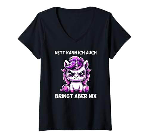 Damen Nett Kann Ich Auch Bringt Aber Nix Lustiges Einhorn T-Shirt mit V-Ausschnitt Damen Nett Kann Ich Auch Bringt Aber Nix Lustiges Einhorn T-Shirt mit V-Ausschnitt von Genervt & Magisch