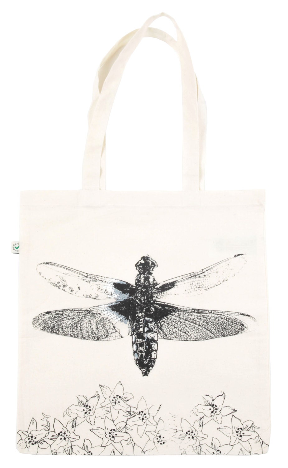 Handbedruckte Bio-Baumwolltasche Mit Einer Libelle Und Lilien Auf Cremefarbenem Grund Handbedruckte Bio-Baumwolltasche Mit Einer Libelle Und Lilien Auf Cremefarbenem Grund von GenevieveCreigh