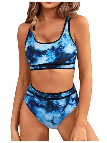Genfien Bikini-Sets für Damen High Waist Bikini mit Hoher Taille Bademode Bauchkontrolle Bikini Sets Colour-Blocking Push Up Badeanzug von Genfien
