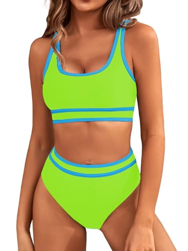 Genfien Bikini-Sets für Damen High Waist Bikini mit Hoher Taille Bademode Bauchkontrolle Bikini Sets Colour-Blocking Push Up Badeanzug von Genfien