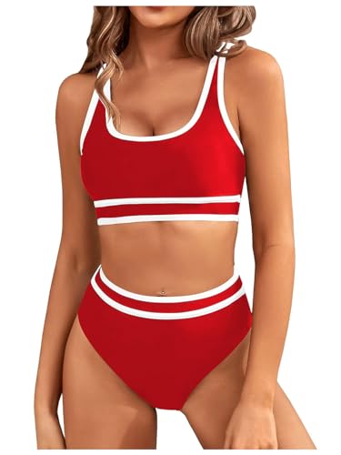 Genfien Bikini-Sets für Damen High Waist Bikini mit Hoher Taille Bademode Bauchkontrolle Bikini Sets Colour-Blocking Push Up Badeanzug von Genfien
