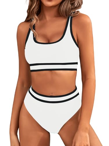 Genfien Bikini-Sets für Damen High Waist Bikini mit Hoher Taille Bademode Bauchkontrolle Bikini Sets Colour-Blocking Push Up Badeanzug von Genfien