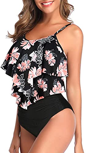 Genfien Damen Badeanzug Rüschen Zweiteilige High Waist Bikini mit Hoher Taille Bademode Volant Bedruckt Badeanzug von Genfien