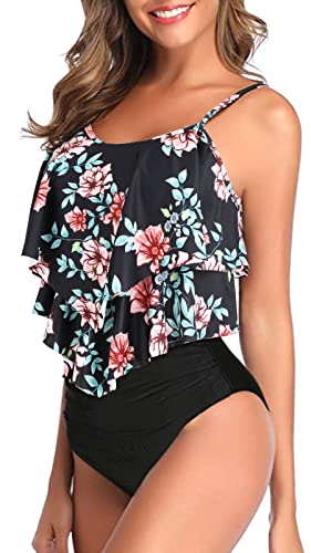 Genfien Damen Badeanzug Rüschen Zweiteilige High Waist Bikini mit Hoher Taille Bademode Volant Bedruckt Badeanzug von Genfien