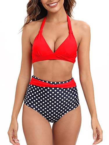 Genfien Damen Bikini Bademode Badeanzug V Ausschnitt Zweiteiliger Bikini Set Push Up Badeanzüge High Waist Swimsuit von Genfien