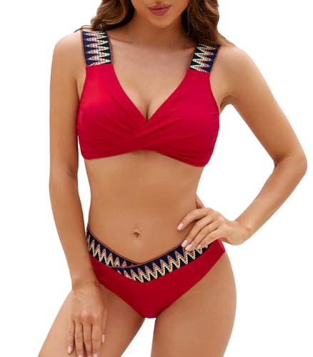 Genfien Damen Bikini Set V Ausschnitt überkreuztes Gepolstertes Bikini Bademode Niedrige Taille V Shorts Zweiteiliger Badeanzug Swimsuit von Genfien