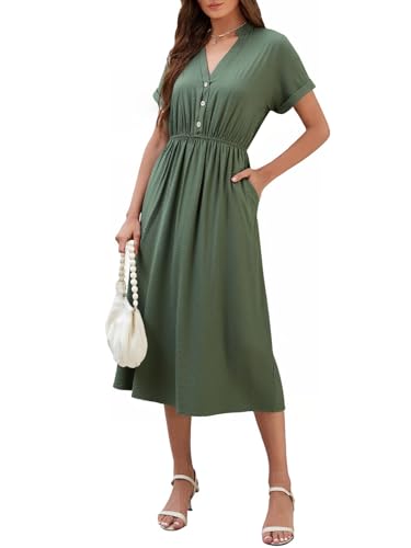 Genfien Damen Kleider Casual V-Ausschnitt Kurzarm A-Linie Kleid mit Taschen Knielanges Kleid mit Blattdruck Sommerkleider von Genfien