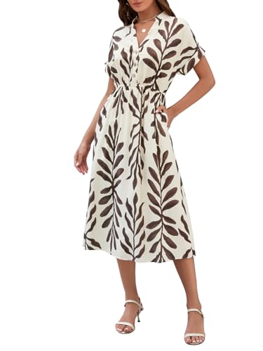 Genfien Damen Kleider Casual V-Ausschnitt Kurzarm A-Linie Kleid mit Taschen Knielanges Kleid mit Blattdruck Sommerkleider von Genfien