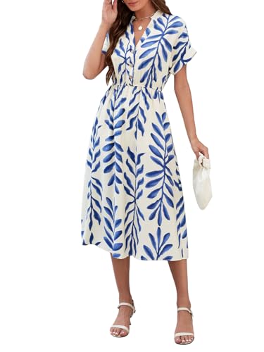 Genfien Damen Kleider Casual V-Ausschnitt Kurzarm A-Linie Kleid mit Taschen Knielanges Kleid mit Blattdruck Sommerkleider von Genfien