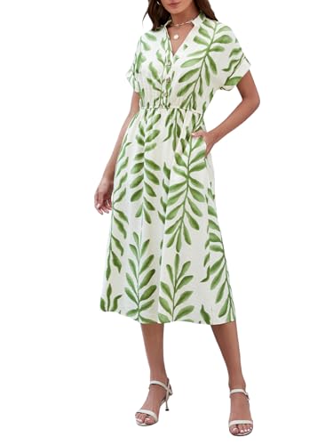 Genfien Damen Kleider Casual V-Ausschnitt Kurzarm A-Linie Kleid mit Taschen Knielanges Kleid mit Blattdruck Sommerkleider von Genfien