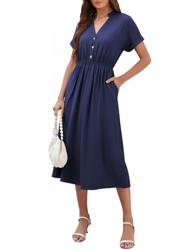 Genfien Damen Kleider Casual V-Ausschnitt Kurzarm A-Linie Kleid mit Taschen Knielanges Kleid mit Blattdruck Sommerkleider von Genfien