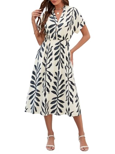 Genfien Damen Kleider Casual V-Ausschnitt Kurzarm A-Linie Kleid mit Taschen Knielanges Kleid mit Blattdruck Sommerkleider von Genfien