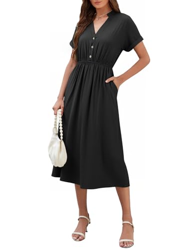 Genfien Damen Kleider Casual V-Ausschnitt Kurzarm A-Linie Kleid mit Taschen Knielanges Kleid mit Blattdruck Sommerkleider von Genfien