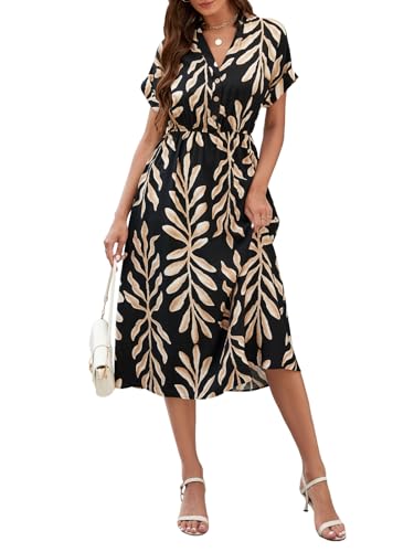 Genfien Damen Kleider Casual V-Ausschnitt Kurzarm A-Linie Kleid mit Taschen Knielanges Kleid mit Blattdruck Sommerkleider von Genfien