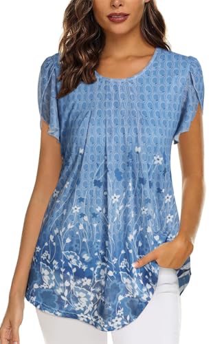 Genfien Damen Mesh Bluse Kurzarm Blumen Tunika Shirt Elegant Doppellagig Mesh Oberteile Rundkragen T-Shirt Bluse Leichte Fließende von Genfien