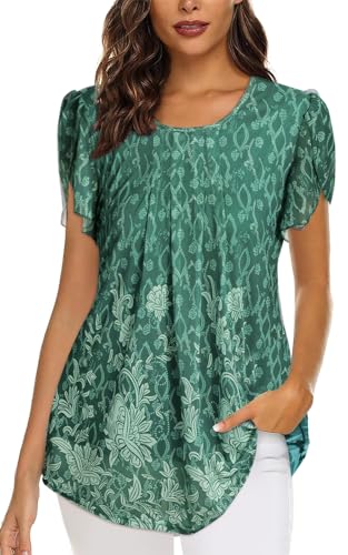 Genfien Damen Mesh Bluse Kurzarm Blumen Tunika Shirt Elegant Doppellagig Mesh Oberteile Rundkragen T-Shirt Bluse Leichte Fließende von Genfien