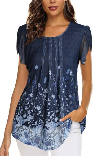 Genfien Damen Mesh Bluse Kurzarm Blumen Tunika Shirt Elegant Doppellagig Mesh Oberteile Rundkragen T-Shirt Bluse Leichte Fließende von Genfien
