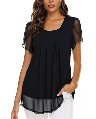 Genfien Damen Mesh Bluse Kurzarm Blumen Tunika Shirt Elegant Doppellagig Mesh Oberteile Rundkragen T-Shirt Bluse Leichte Fließende von Genfien