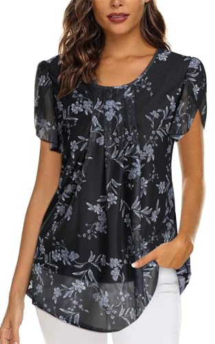 Genfien Damen Mesh Bluse Kurzarm Blumen Tunika Shirt Elegant Doppellagig Mesh Oberteile Rundkragen T-Shirt Bluse Leichte Fließende von Genfien